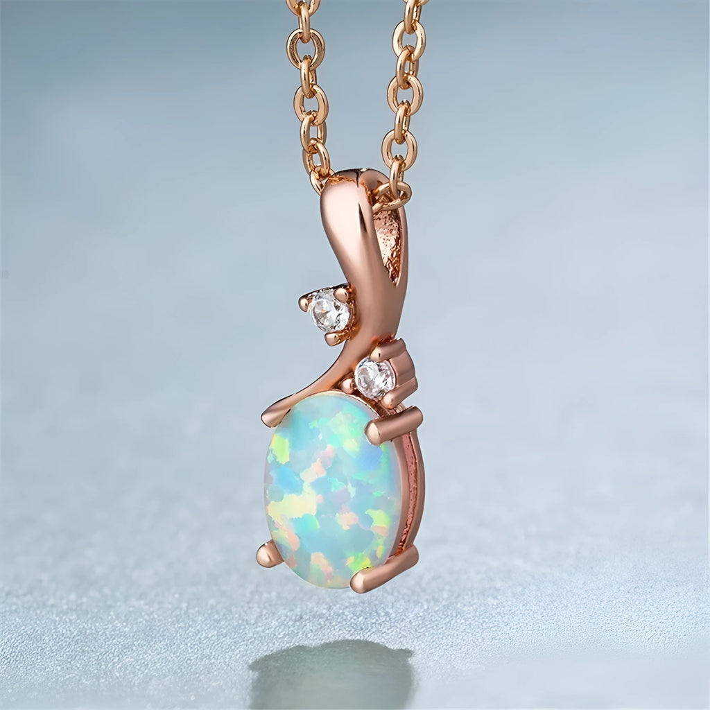 Rose gold water drop opal pendant necklace on adjustable O-chain