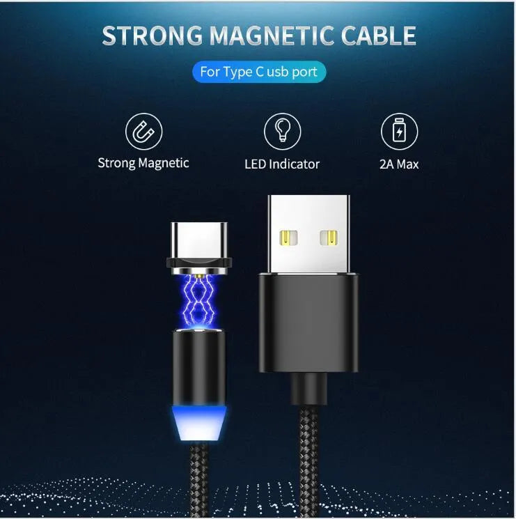 Magnetic LED charging cable with cotton braided sheath and aluminium shell in black colour