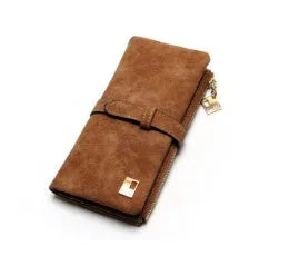 Vertical long Pu leather wallet with zip closure open to show card slots, note compartment, and phone pocket.