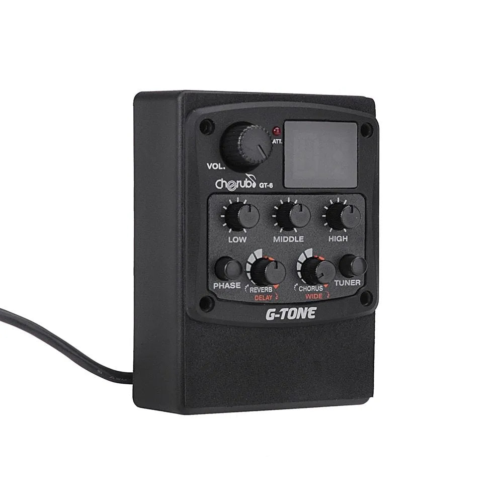 Cherub GT-6 black acoustic guitar hole-mount EQ pickup with knobs for 3-band EQ and effects.