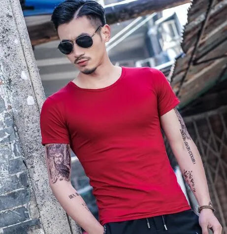 Men's bamboo fibre summer t-shirt shown in multiple colour options including black, blue, grey, green, red and white.