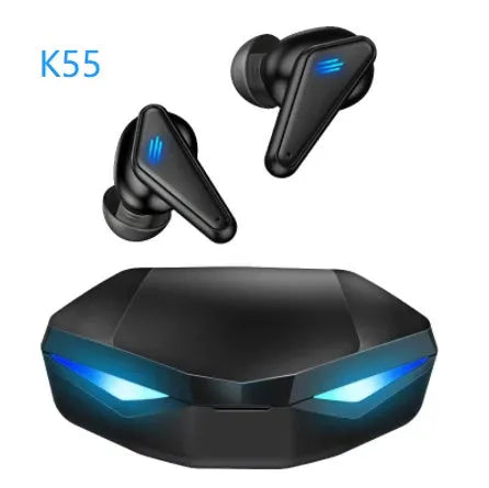 Blue Private Model K55 wireless Bluetooth gaming earbuds with bilateral stereo design.