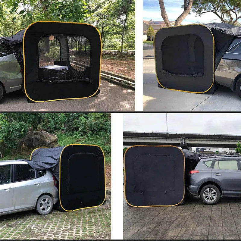Black pop-up car tail tent with quick-throw setup shown connected to vehicle