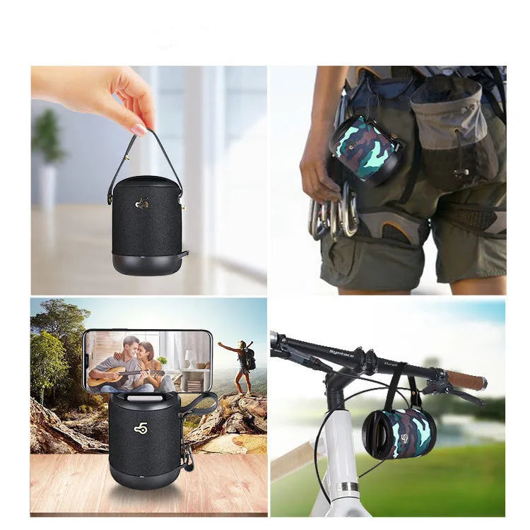 Compact portable Bluetooth speaker in multiple colours with waterproof construction and carrying belt
