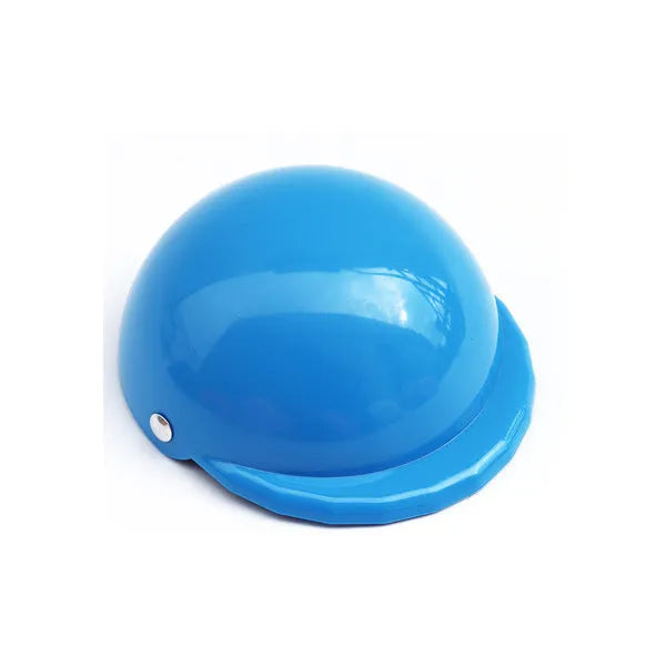 Plastic dog motorcycle cap helmet in assorted colours on a white background