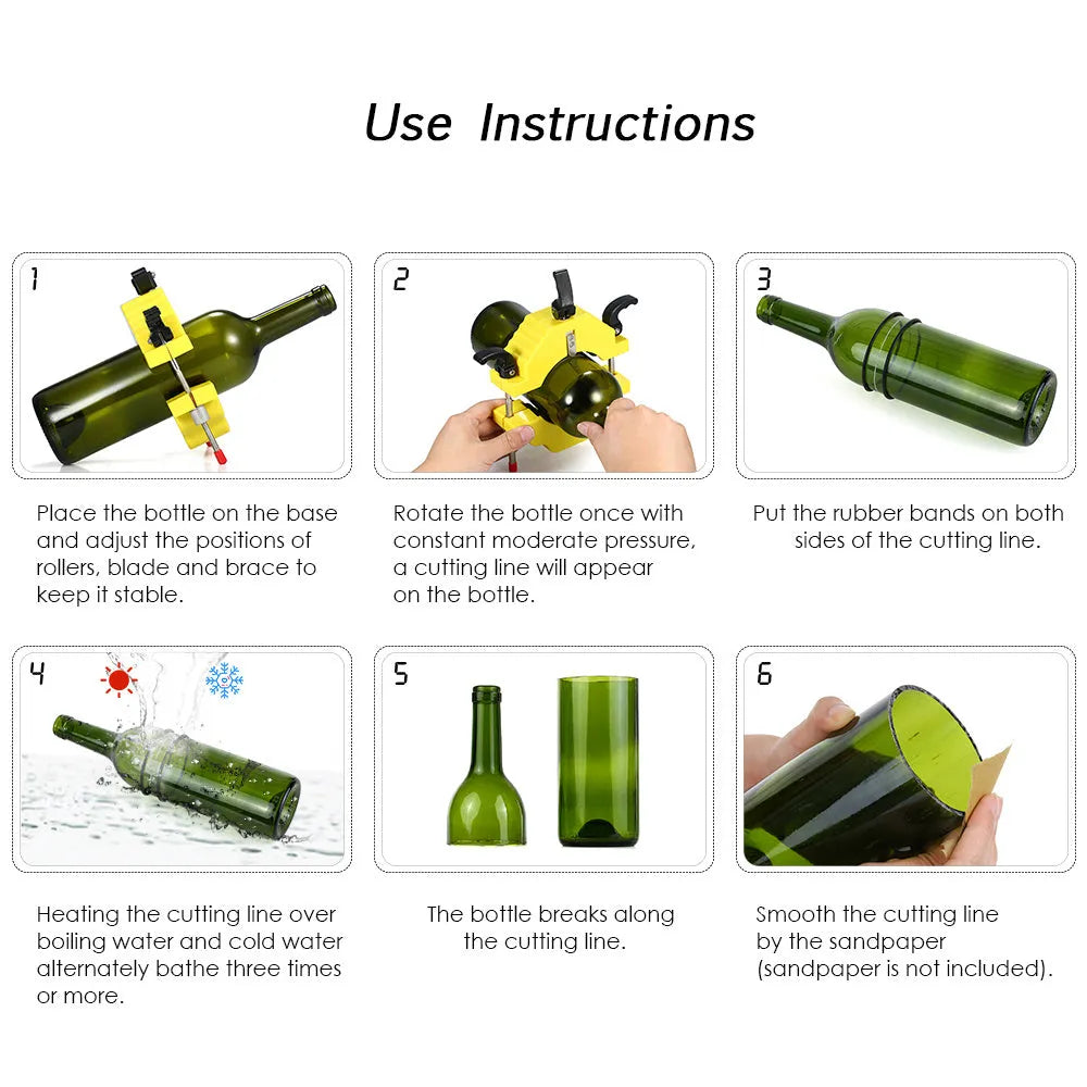 Yellow adjustable bottle cutting tool for glass bottles on a wooden table.