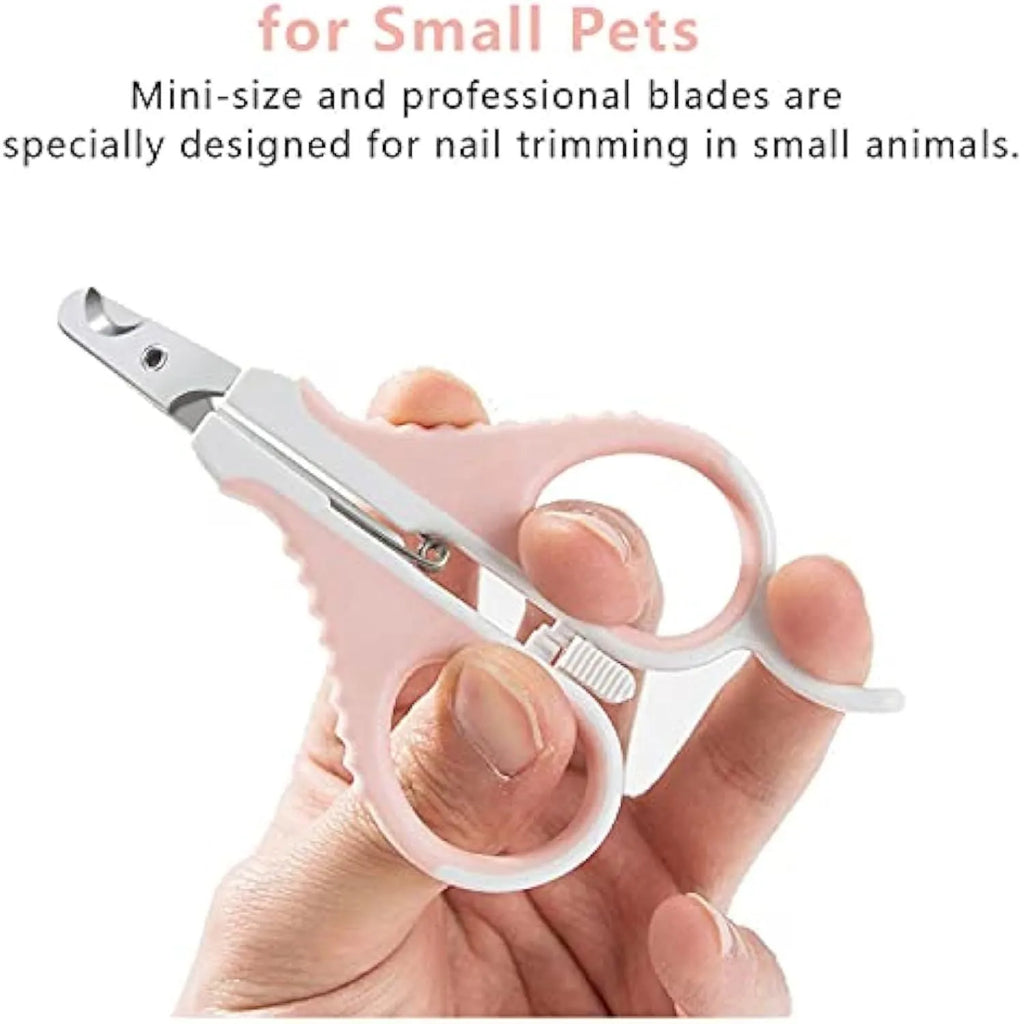 Grey and pink cat nail clippers with a safety lock and angled stainless steel blade on a non-slip rubber handle.