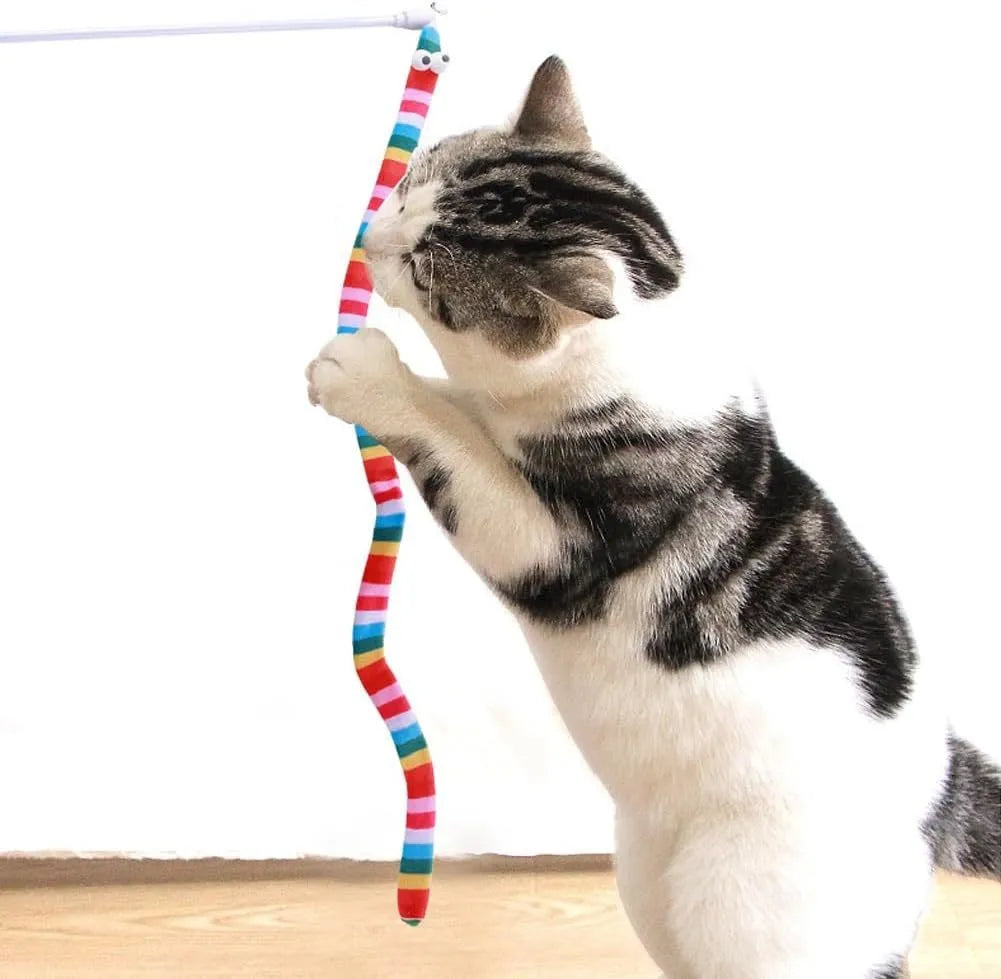 Colourful cat teaser wand toy with a long plush strip and polycarbonate pole