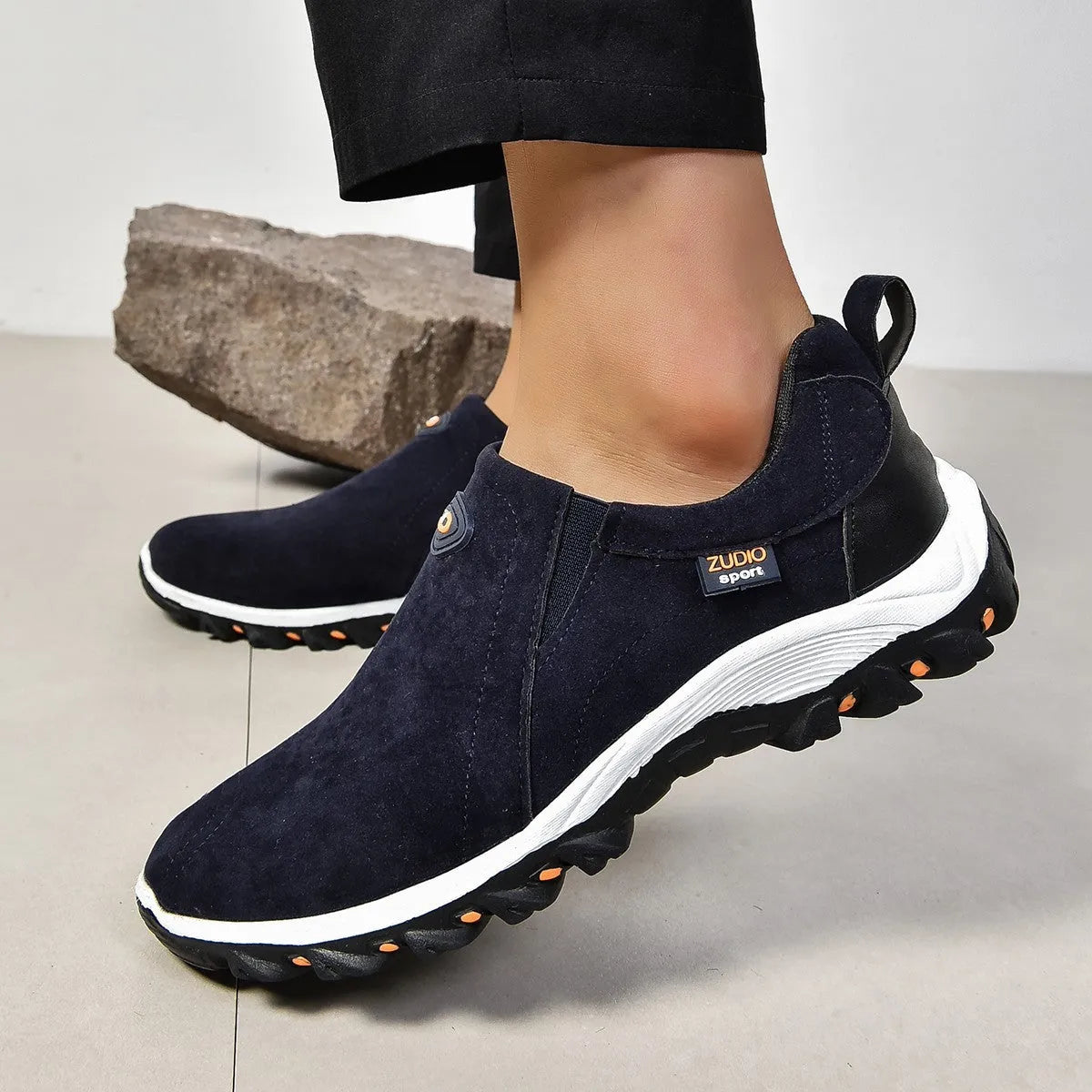Men's round head shallow mouth thin shoes in gray, shown from the side.