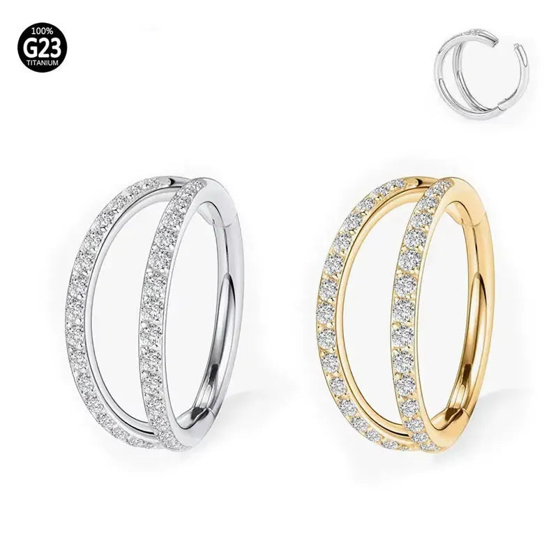 G23 titanium alloy lip nose ear rings with zircon diamond treatment in gold or steel colour