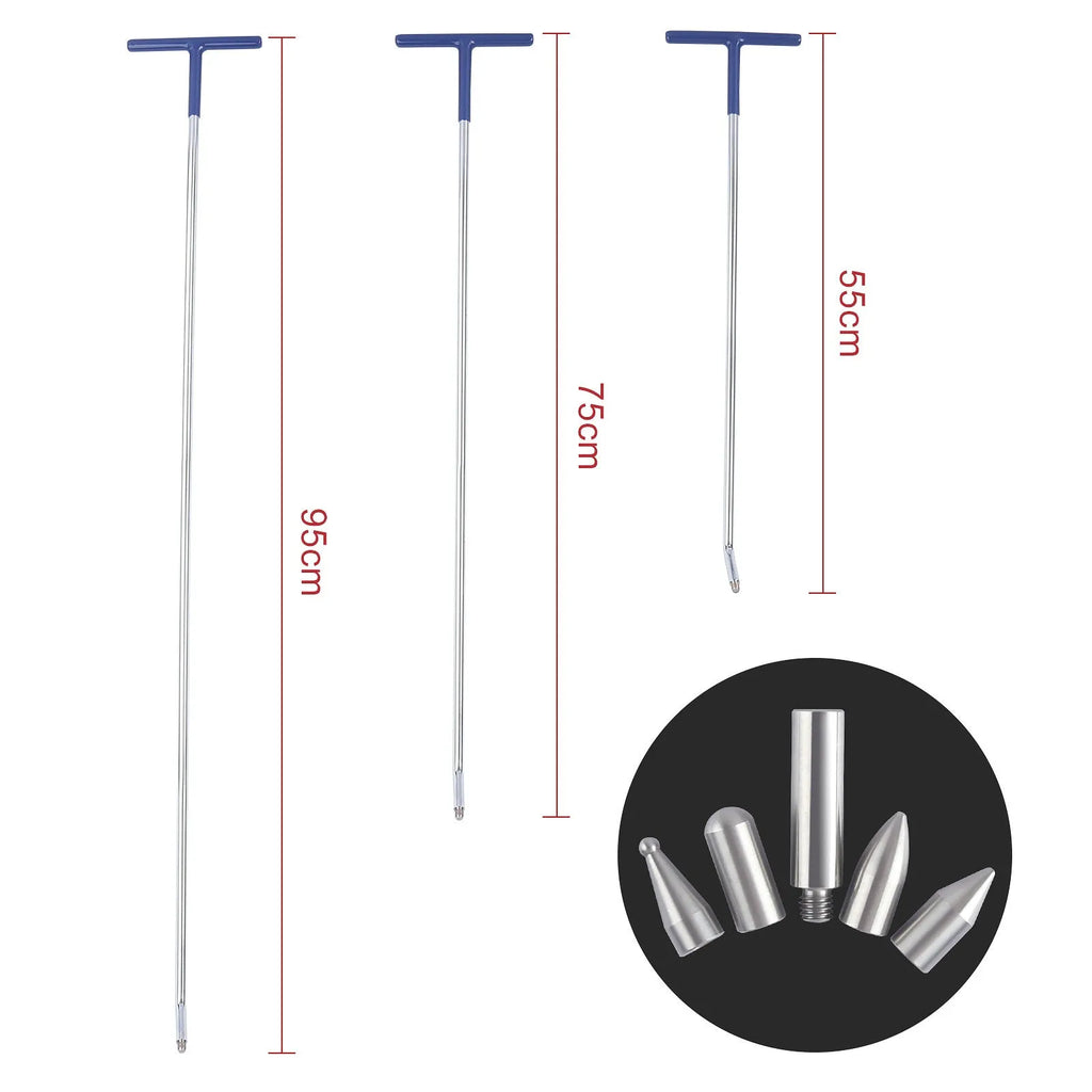 Three alloy steel hook crowbars for car dent repair on a workbench.