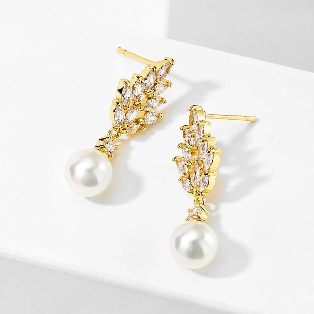 Geometric flower earrings with micro inlaid zircon pearls in gold, white gold, and rose gold plating options