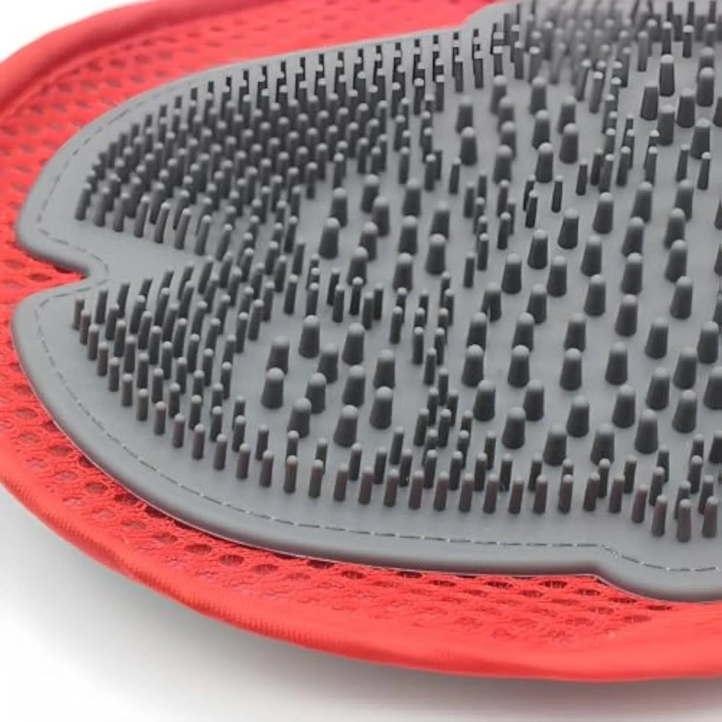 Red pet bathing glove with integrated cleaning brush for dog or cat grooming