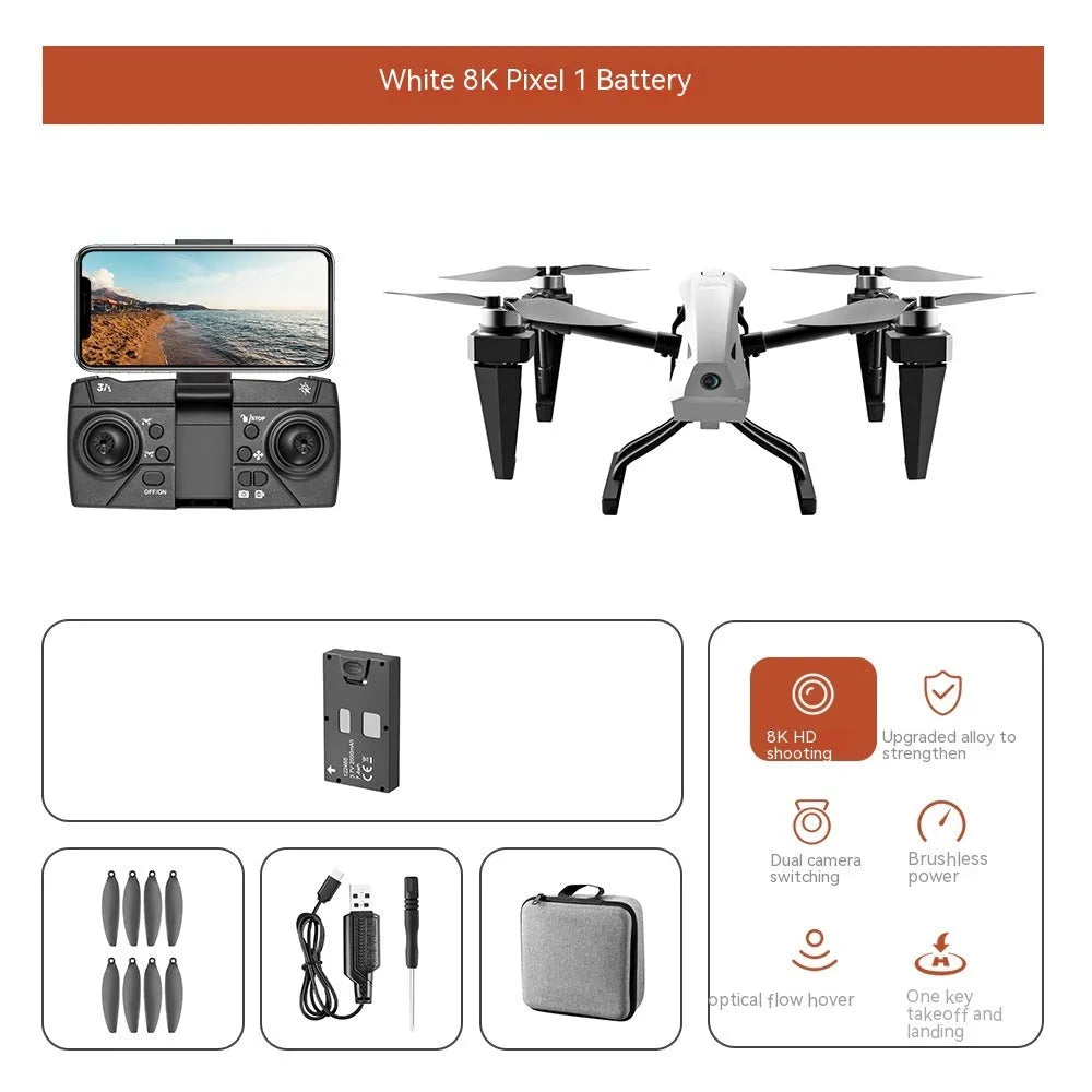 KS66 alloy UAV drone with remote controller, shown in optional white or black with camera, spare propellers, and storage bag.