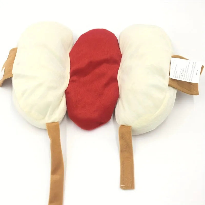 Hot dog costume on small dog with soft plush fabric and adjustable straps