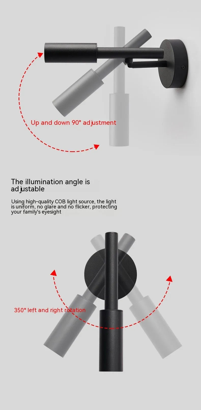 Modern cylindrical wrought iron wall lamp in black or white with three colour light settings.