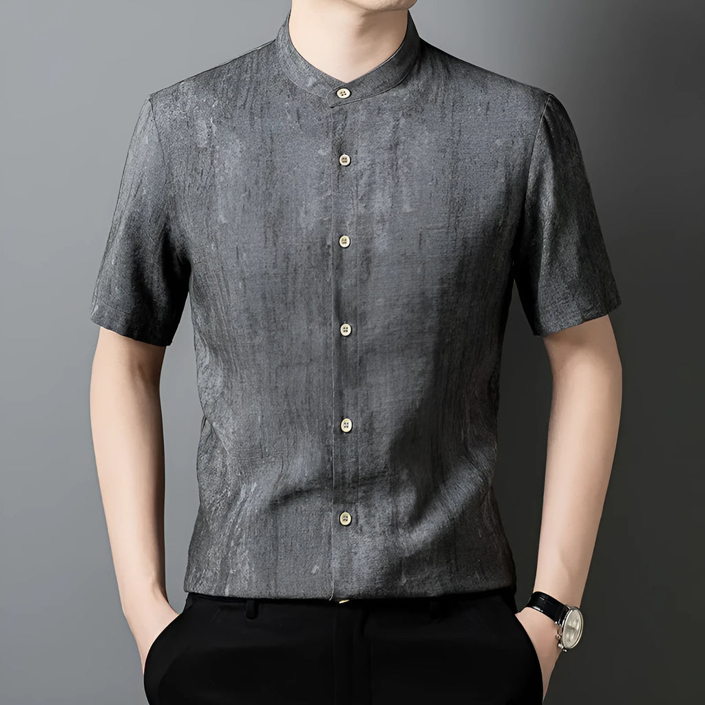 Men's loose linen-style cardigan in solid colour with stand collar, shown in black grey and white grey options