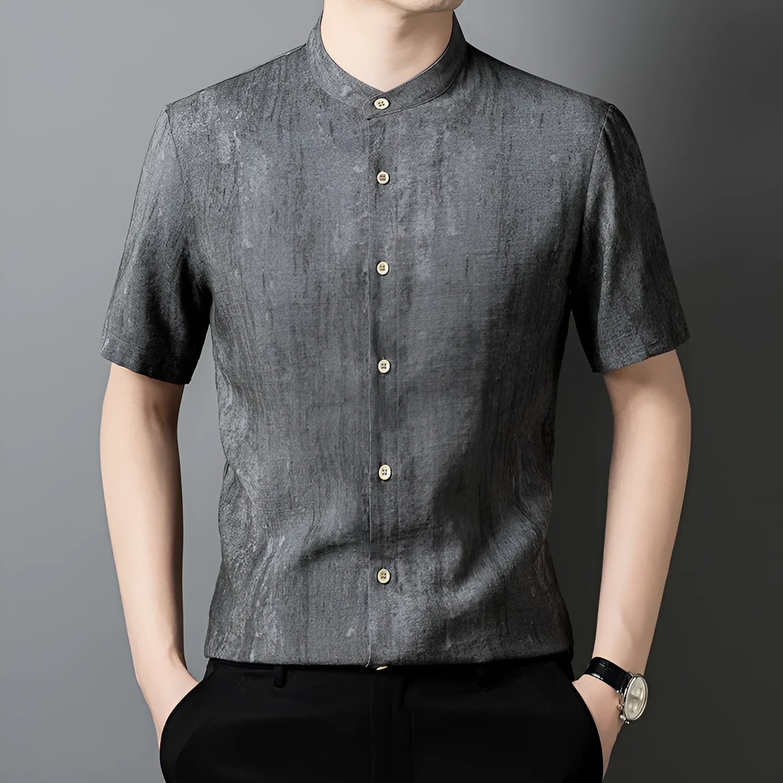Men's loose linen-style cardigan in solid colour with stand collar, shown in black grey and white grey options
