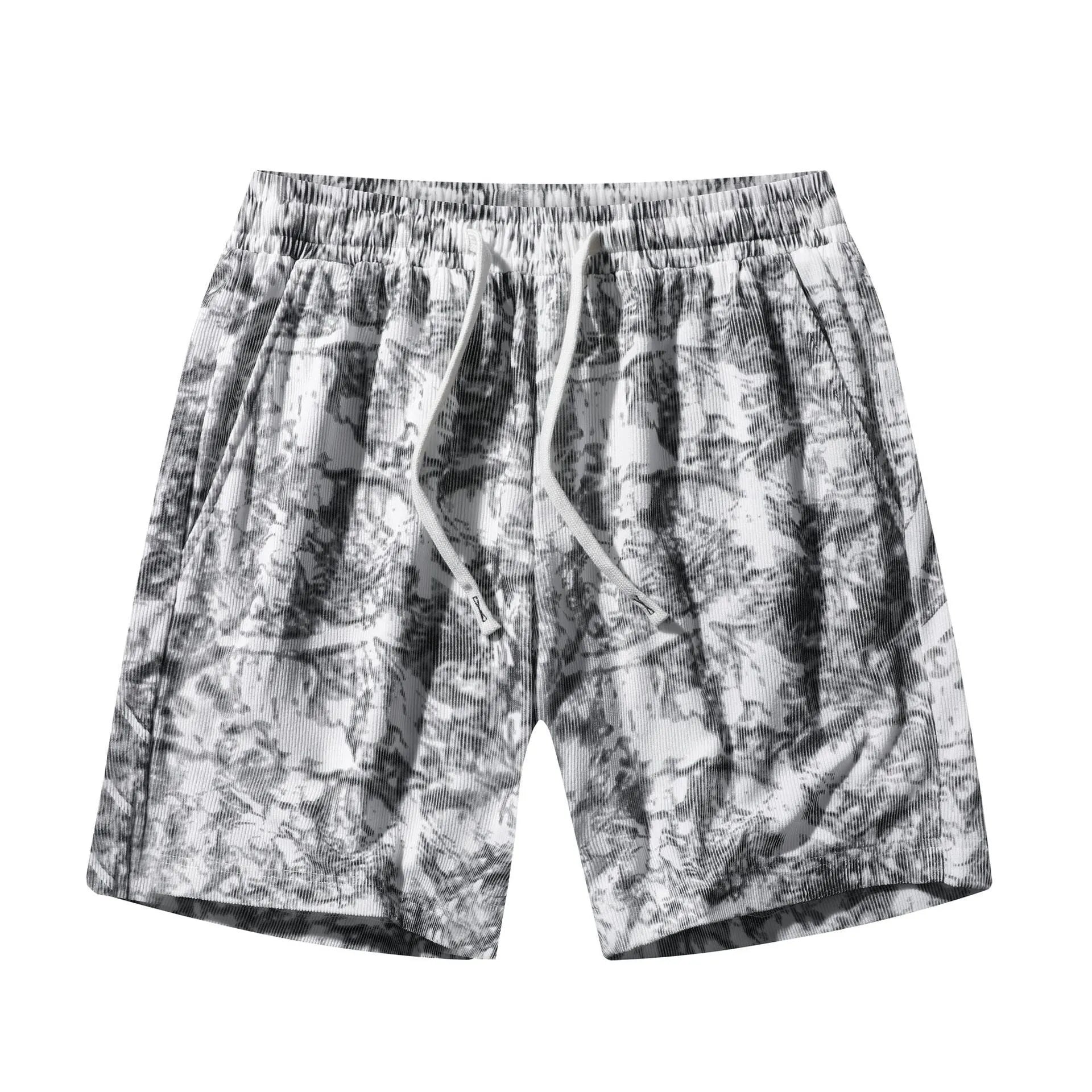 Men's camouflage pattern corduroy athletic shorts with high waist and straight leg in grey
