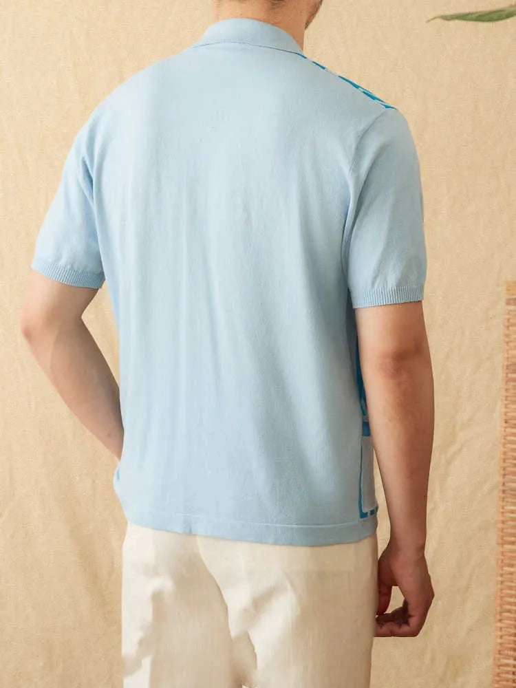 Short-sleeved cotton polo shirt with knitted cardigan design in striped pattern showing lapel collar detail