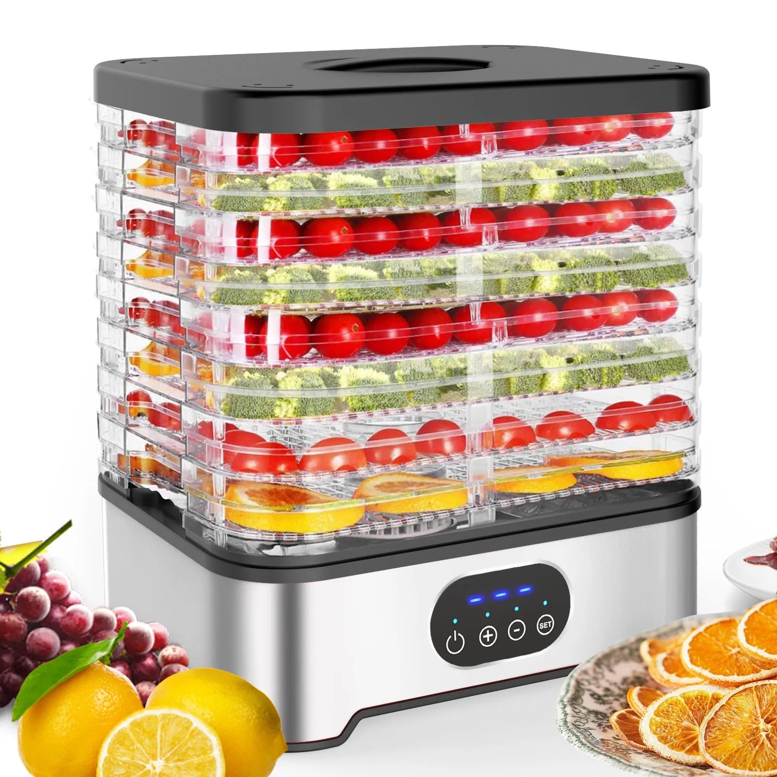 Silver or red household food dehydrator with eight drying trays showing compact storage dimensions