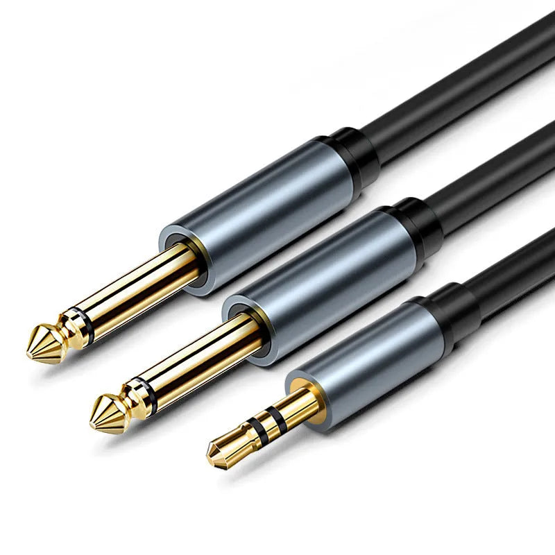 3.5mm to two 6.5mm male audio splitter cable on a black background
