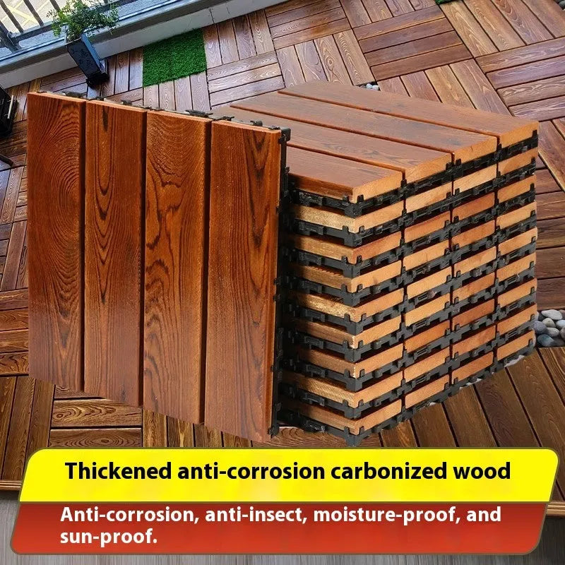 Camphor pine wood flooring tiles with brushed finish in 30x30cm dimensions for indoor and outdoor use