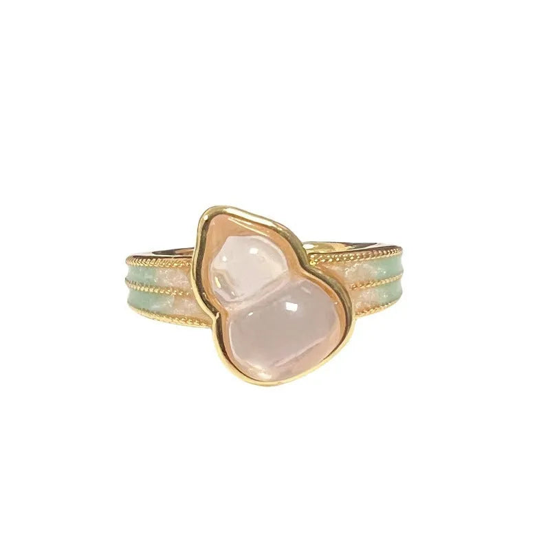 Copper gourd shaped ring with inlaid zircon and adjustable band in New Chinese style