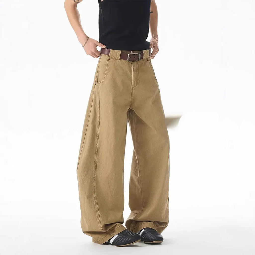 Brown Korean-style loose jeans for men with straight leg design and cardigan button fly