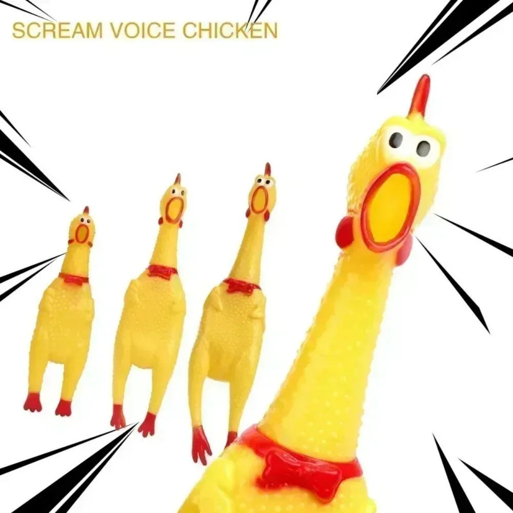 Yellow rubber screaming chicken dog squeak toy shown in three different sizes