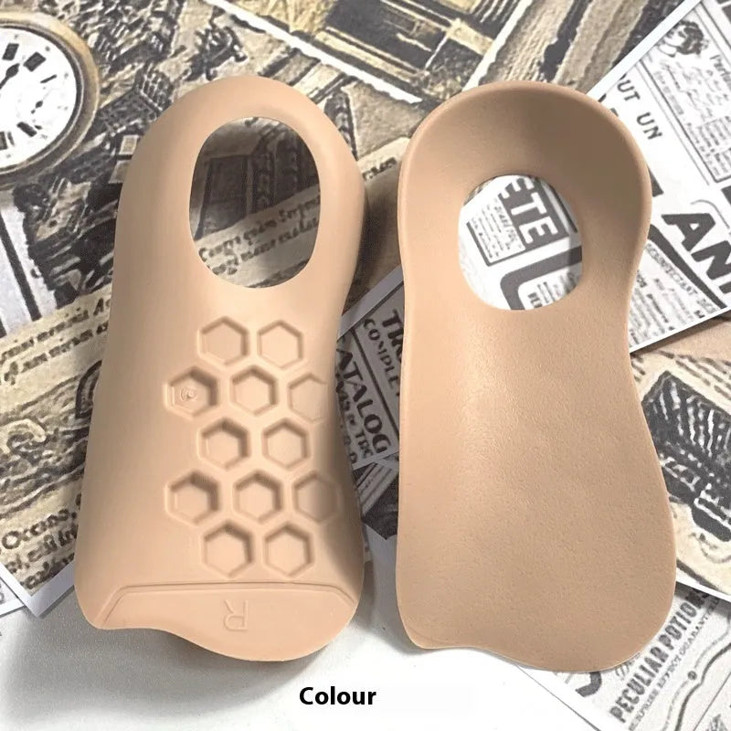 TPR arch support varus correction insole in white, black, and skin colour, showing size S and L.