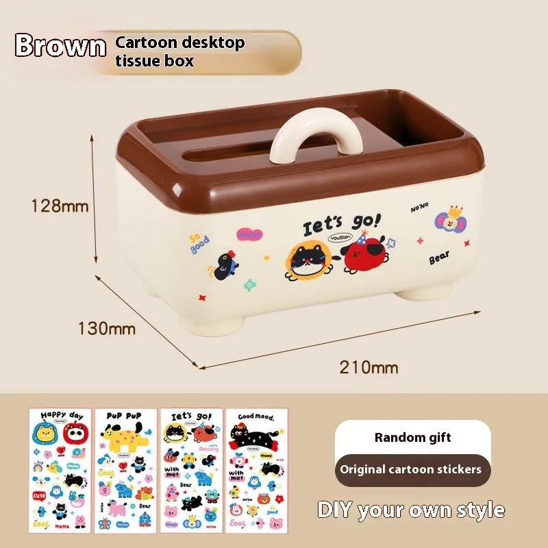 Cartoon-style plastic desktop organiser with grid compartments and labelling stickers for stationery storage