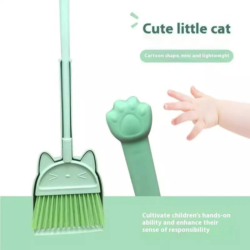 Purple, green and beige broom and dustpan combination set with rotating brush holder