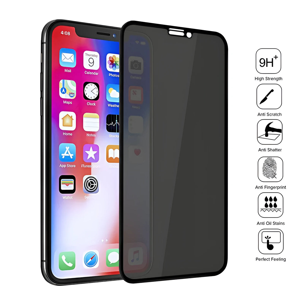 Black anti-peeping tempered glass screen protector for Apple iPhone with privacy protection features