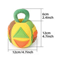 Green and pink dog plush ball squeaky toy with treat pockets for small to medium dogs.