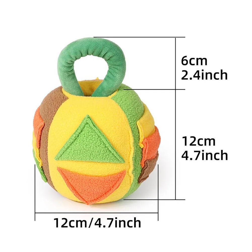 Green and pink dog plush ball squeaky toy with treat pockets for small to medium dogs.