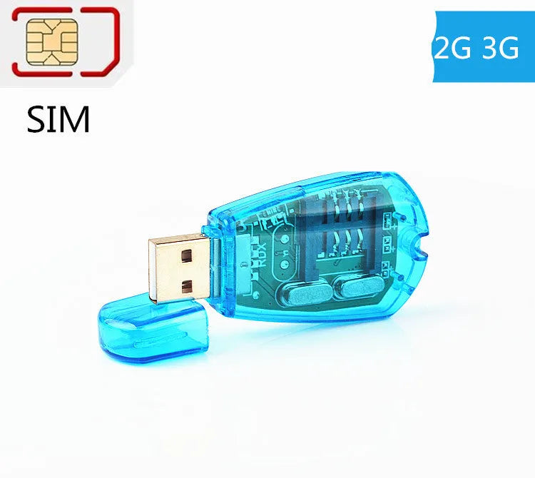 Blue USB 2.0 SIM card reader for mobile phones with external installation for computer connectivity