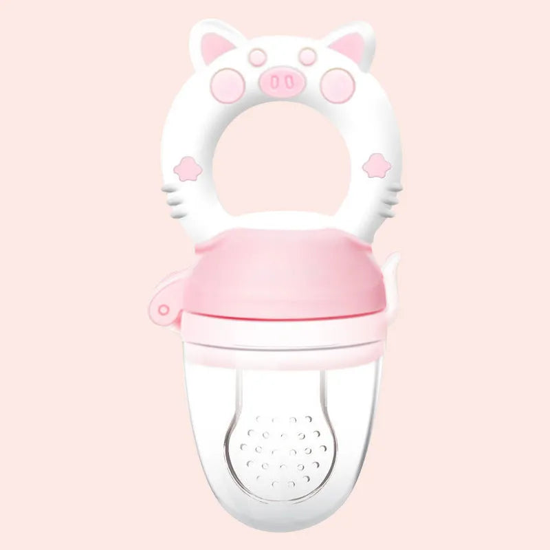 Silicone baby teether in blue, green, or pink colours with multiple mouthpiece options for infant chewing relief