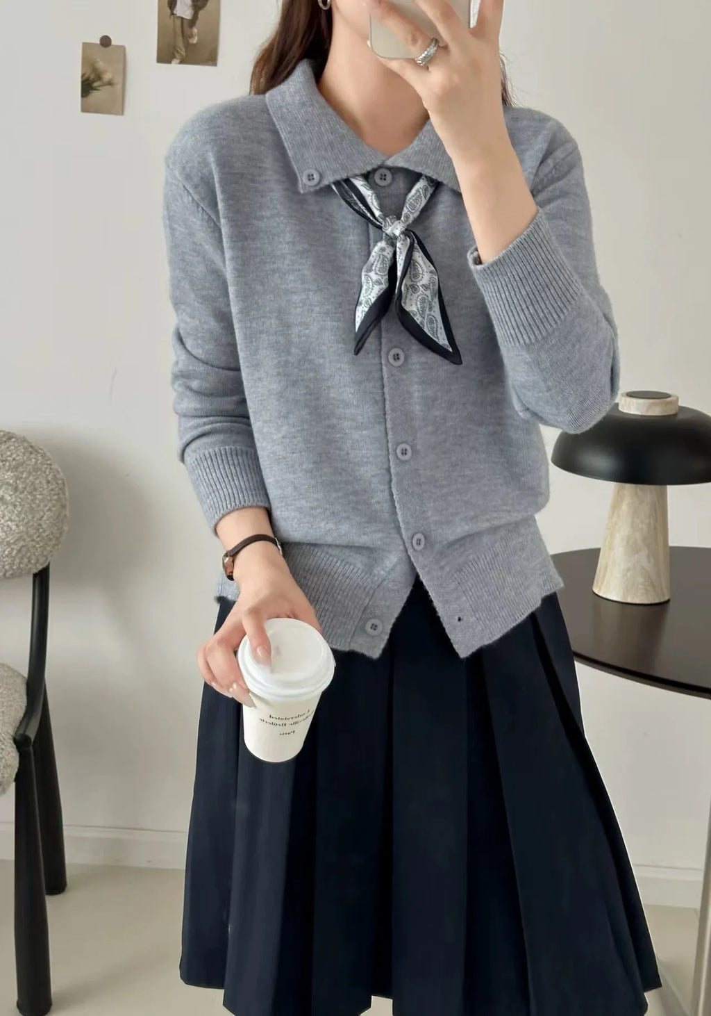 Beige lapel scarf sweater cardigan with contrasting scarf collar and long sleeves