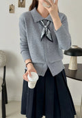 Beige lapel scarf sweater cardigan with contrasting scarf collar and long sleeves