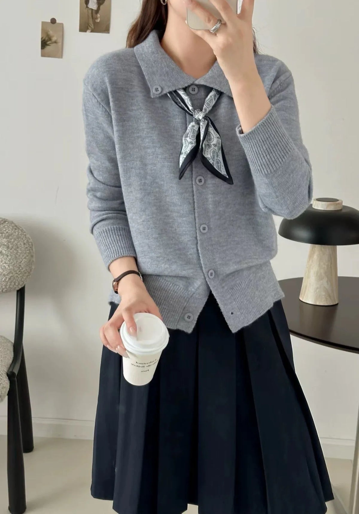 Beige lapel scarf sweater cardigan with contrasting scarf collar and long sleeves