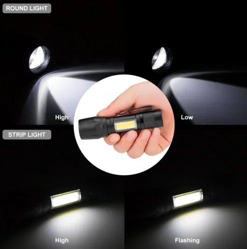 Black aluminium telescopic LED flashlight with zoom adjustment and clip for carrying