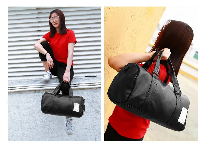 Black unisex waterproof sports gym bag with a separate shoe compartment shown in two size options.