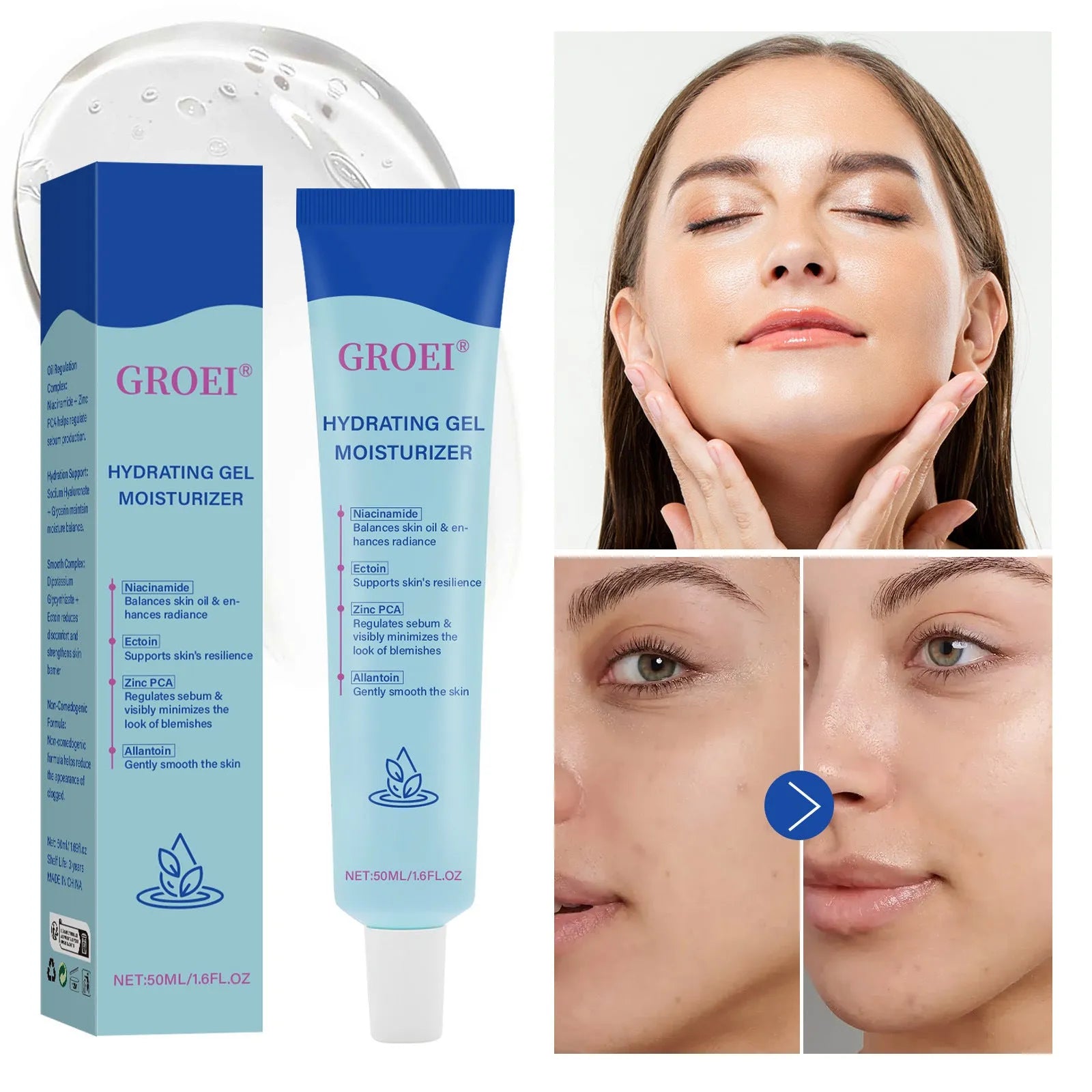 50ml jar of hyaluronic acid moisturising facial gel on a plain background