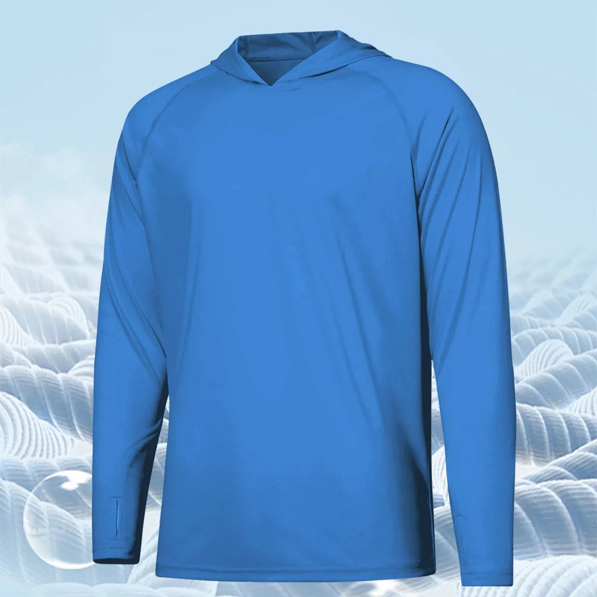 Men's long sleeve hooded top in polyester fabric for outdoor UV protection