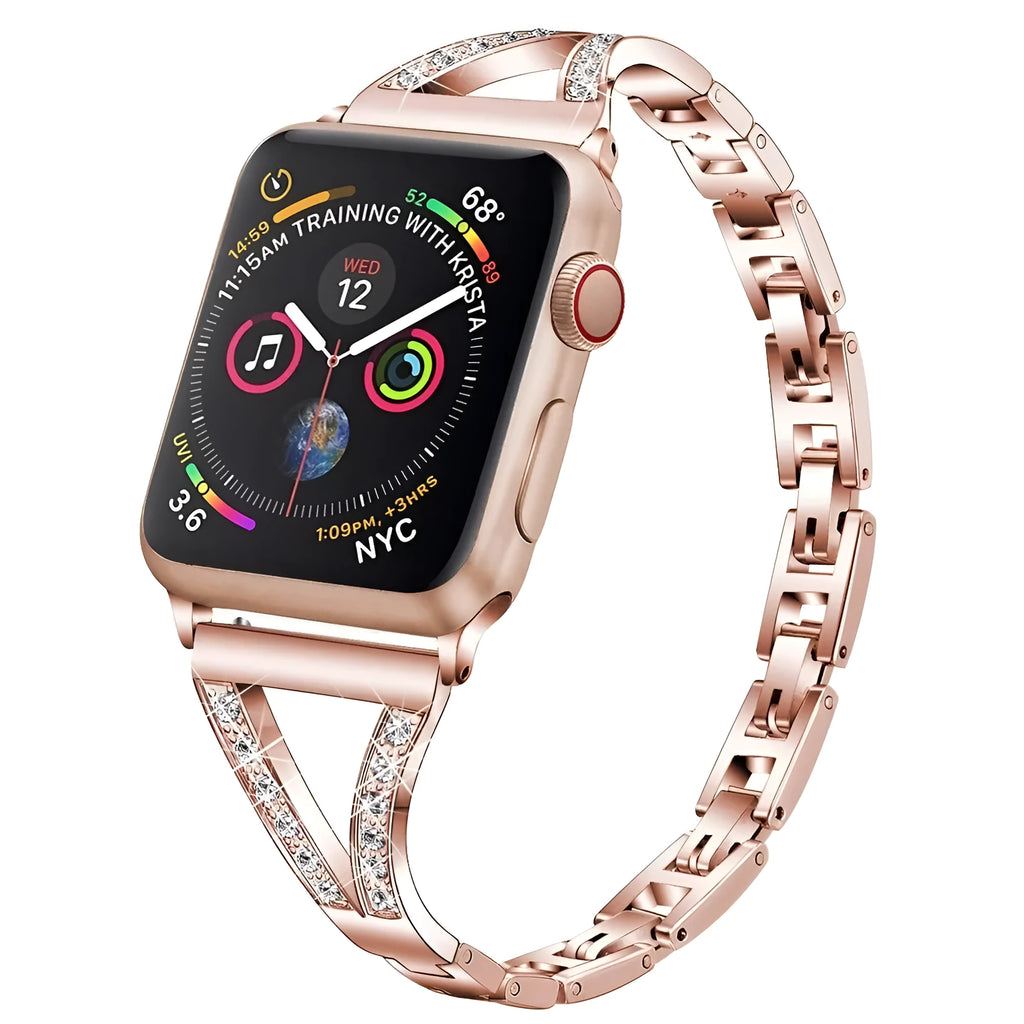 Stainless steel Apple Watch strap with diamond accents in black, gold, pink, rose gold and white colours.