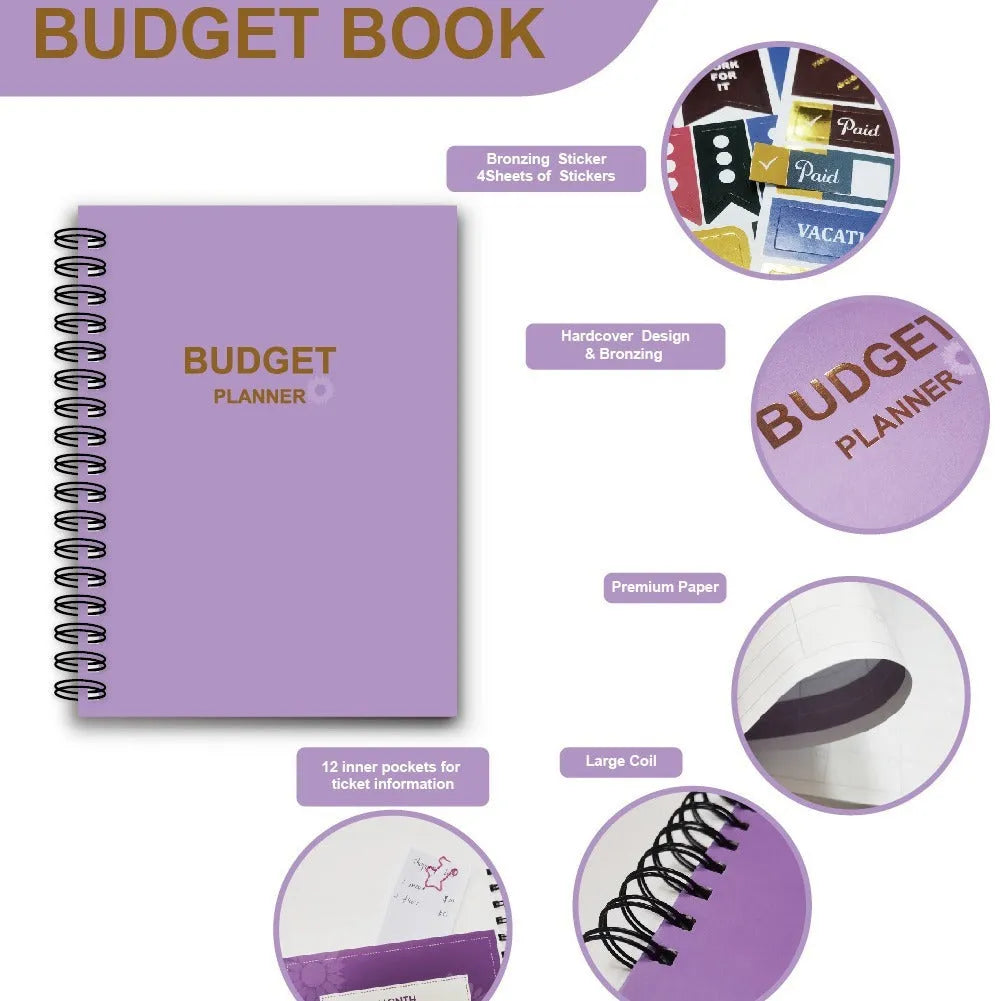 Purple coil-bound budget notebook with stickers for monthly financial planning showing Daolin paper pages