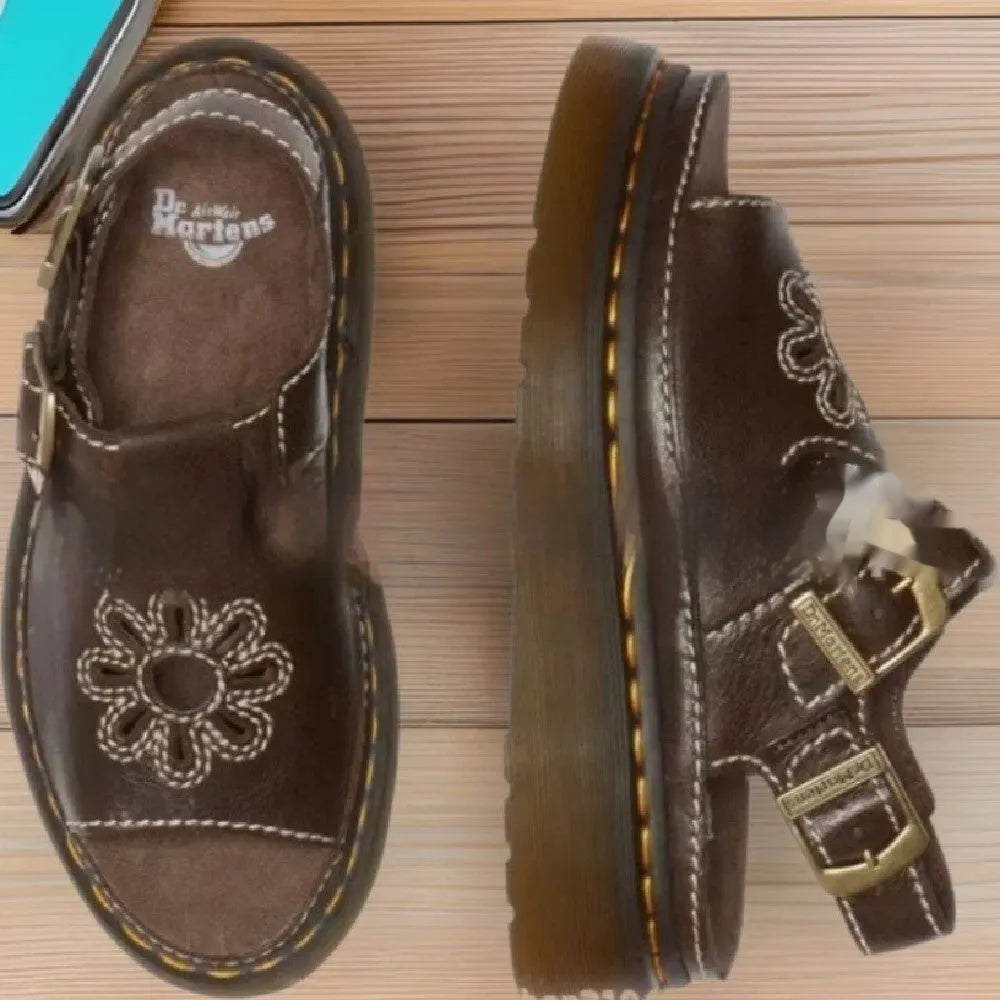 Men's black embroidered beach sandals with floral pattern and flat heel design