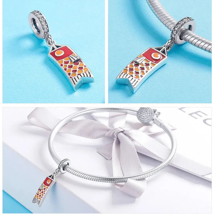 S925 sterling silver carp streamer pendant necklace with oxidised finish and zircon detailing