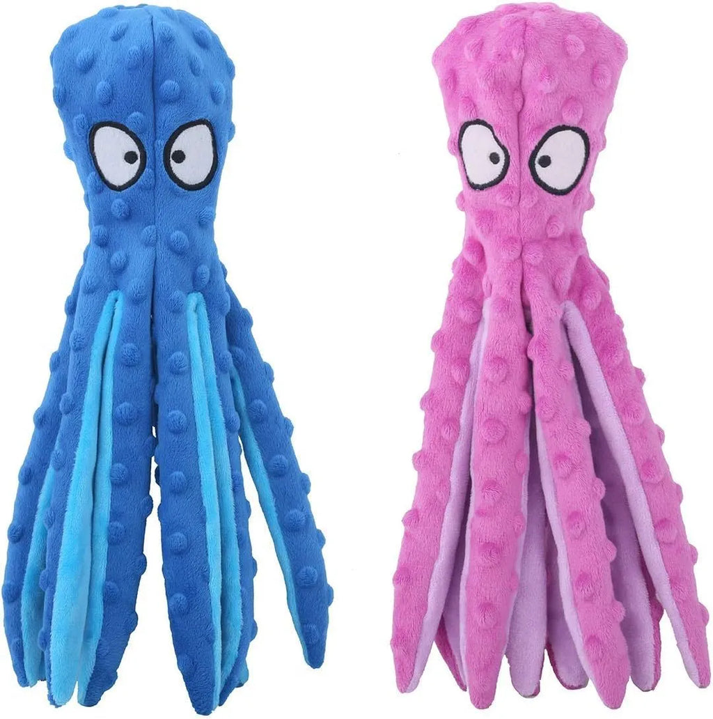 Blue octopus plush dog toy with tentacles, 32cm long no-stuffing chew toy with squeaker and crinkle sounds
